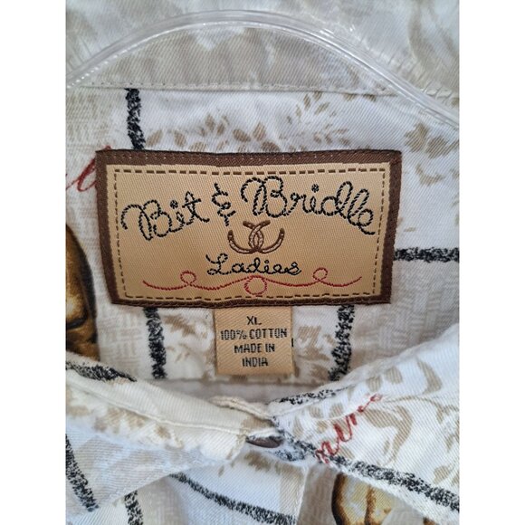 Bit & Bridle Western Horse Button-Down Shirt XL Equestrian Blouse Tan Women's - Picture 3 of 10